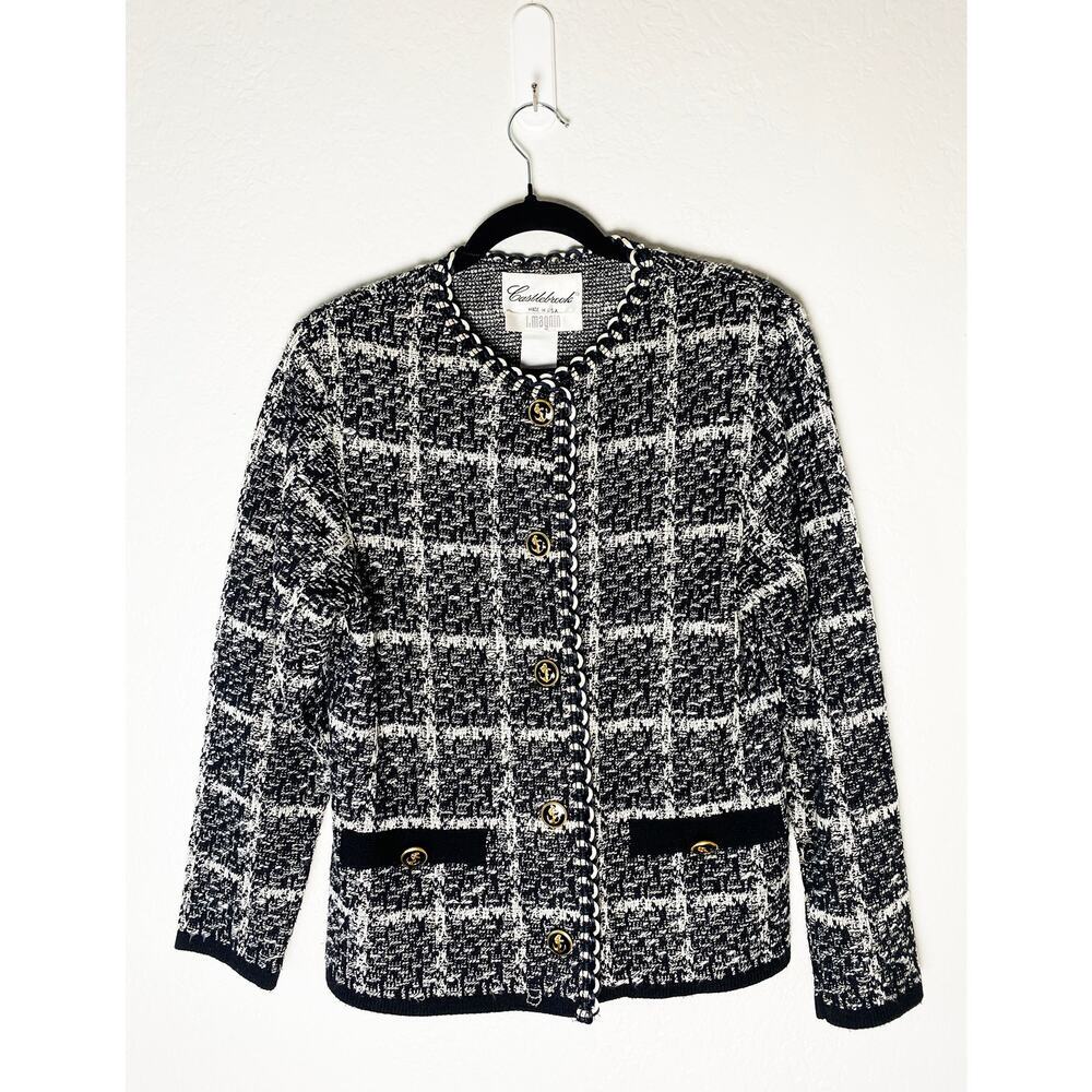 Vintage Women Castlebrook I.Magnin Check Black White Blazer Gold Nautical Button